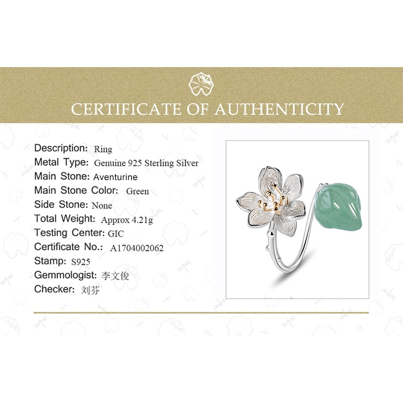 Lotus Fun Ring aus echtem 925er Sterlingsilber mit natürlichen Aventurin-Edelsteinen, Blumenring, feiner Schmuck, Lotus-Flüsterringe für Frauen, Bijoux