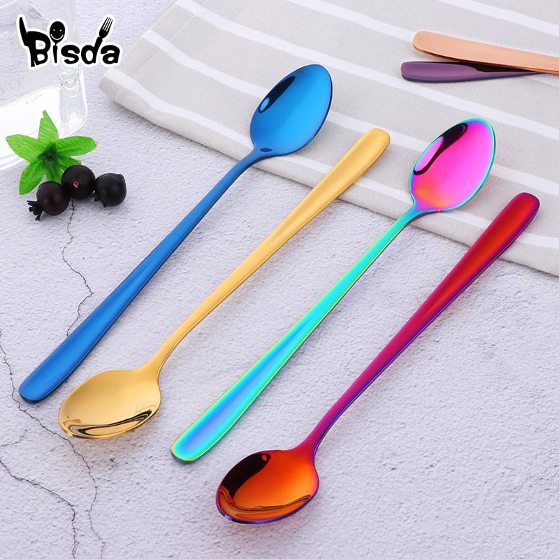 Stainless Steel Ice Spoon 8 Colors Dessert Scoop for Ice Cream Long Handle Honey Spoons Set Gold Yogurt Stirring Tools Mixing