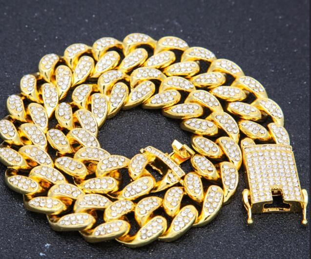 2cm HipHop-Goldfarbe Iced Out Crystal Miami Cuban Chain Gold Silberfarbe Halskette &amp; Armband-Set HEISSER VERKAUF DER HIPHOP-KÖNIG