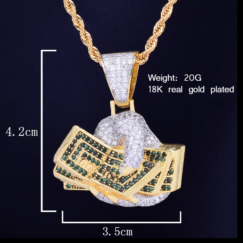 Hand Money Dollar Necklace &amp; Pendant  Gold Color AAA Cubic Zircon Hip Hop Rock Jewelry