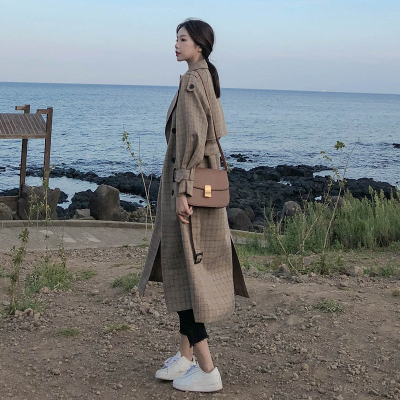 Korean Style Ladies Trench Coat Plaid Long Double Breasted Belted Oversize Loose Women Duster Coat Outerwear with Storm Flaps