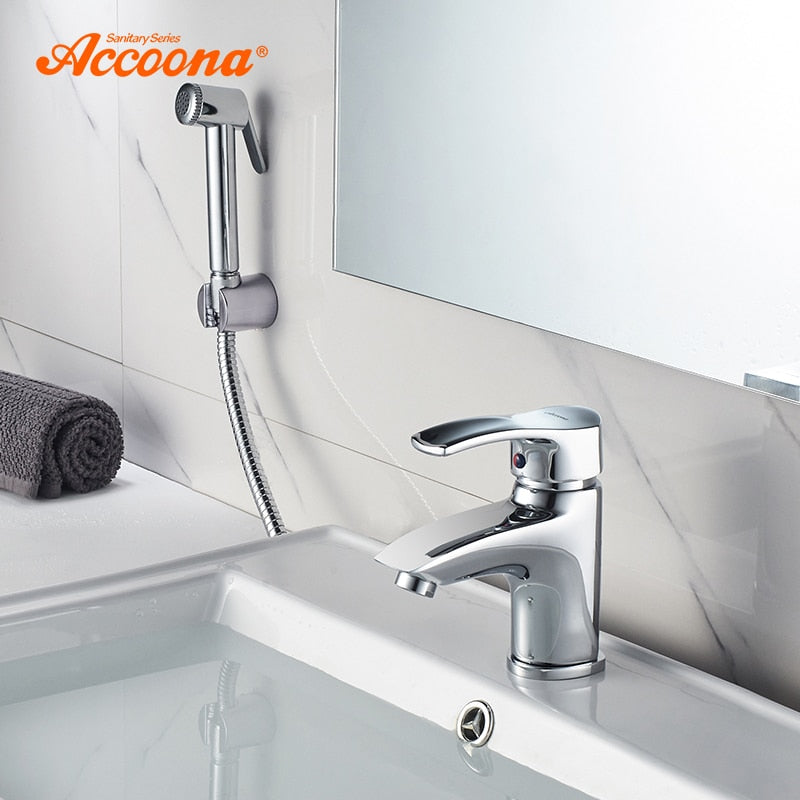 Accoona Basin Faucet Chrome Polished Solid Brass Bathroom Single Handle Sink Mixer Tap with Shower Head Deck Mounted A9203