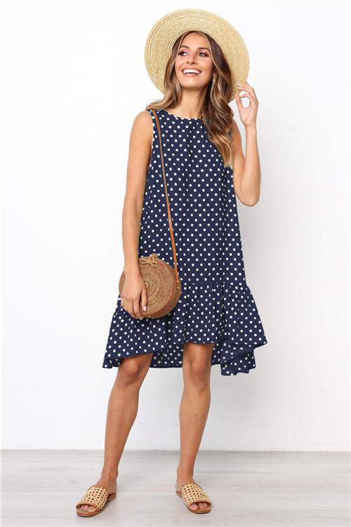 Sommerkleid Frauen Welle Punkt gekräuselte Polka O Hals ärmellos Casual Strand Sommerkleid transparent weiblich plus Größe vestidos 2020