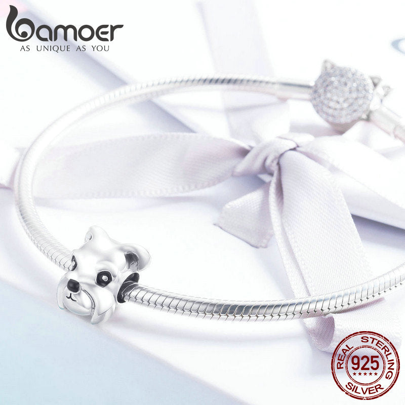 BAMOER 100% Plata de Ley 925 encantador Animal Schnauzer perro encanto cuentas ajuste mujeres encanto pulseras y collares joyería DIY SCC835