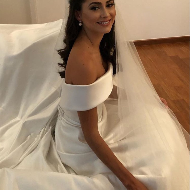 Simple A Line Wedding Dresses Satin Off The Shoulder Wedding Bridal Gowns Sweep Train Casual Dresses Zipper With Buttons Back