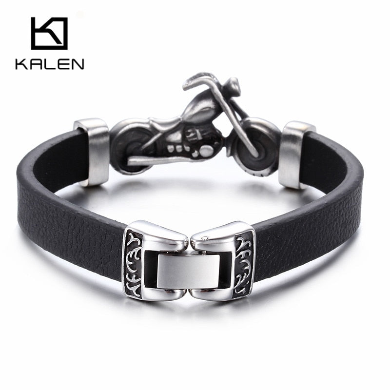 Kalen, nueva y única joyería masculina, pulsera con abalorio de motocicleta de acero inoxidable, pulseras de cuero duraderas Punk Rock, regalo genial barato