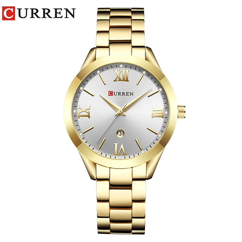 Marca CURREN, reloj de acero para mujer, vestido de lujo para mujer, reloj de pulsera de cuarzo a la moda, pulsera clásica de cristal dorado, reloj para mujer