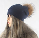 Herbst Winter Bommel Beanie Hut Frauen Wolle Gestrickte Skullies Beanies Lässige Weibliche Kaschmirmütze Echter Waschbärpelz Bommelmütze