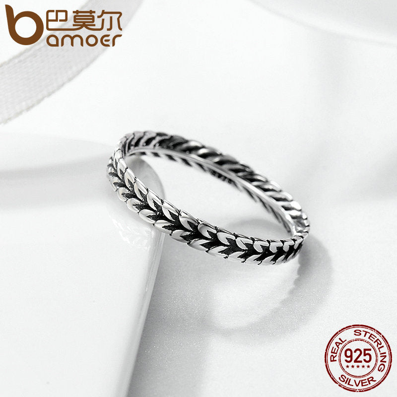 BAMOER auténtica Plata de Ley 925 anillo apilable forma de trigo flecha dedo anillo mujeres Vintage joyería de plata esterlina SCR139