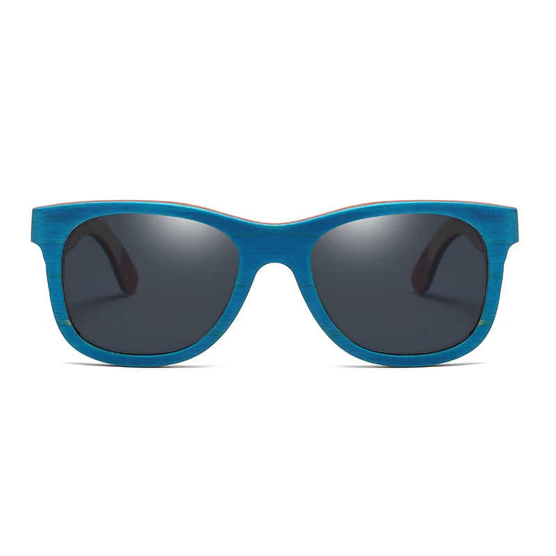 Gafas de sol de madera para monopatín EZREAL, marco azul con revestimiento, gafas de sol de bambú espejadas, lentes de protección UV 400 en caja de madera
