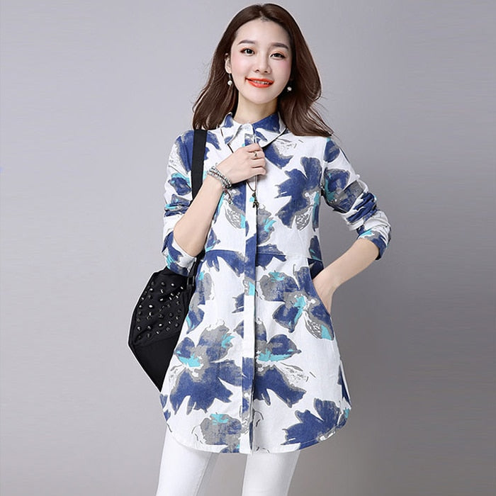 #2901 Chinesische Art Baumwolle Leinenhemd Frauen Weiß Langarm Retro Blumendruck Hemd Frauen Vintage Baumwolle Lange Bluse Weiblich
