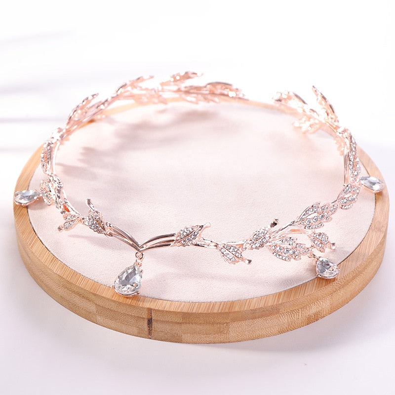 Rose Gold Color Crystal Crown Bridal Hair Accessory Wedding Rhinestone Teardrop Leaf Tiara Headband Frontlet Bride Hair Jewelry