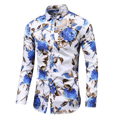 2022 otoño hombres Slim estampado Floral camisas de manga larga marca de moda fiesta vacaciones vestido Casual camisa de flores Homme de talla grande 7XL