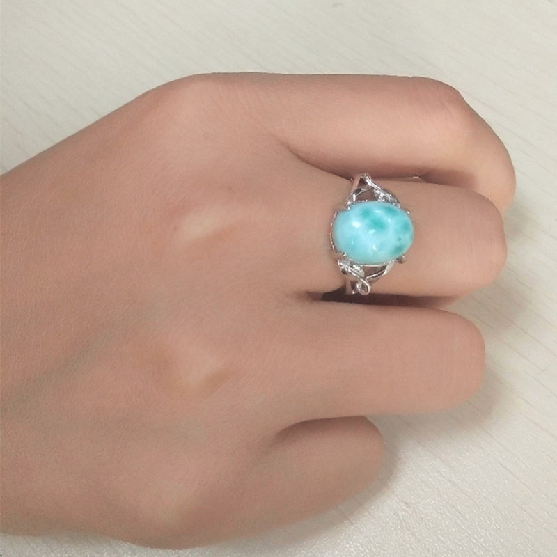 Big Stone Larimar Rings Woman Ladies Engagement Rings with Natural Larimar Gemstone, 925 Sterling Silver Jewelry Gift for Her