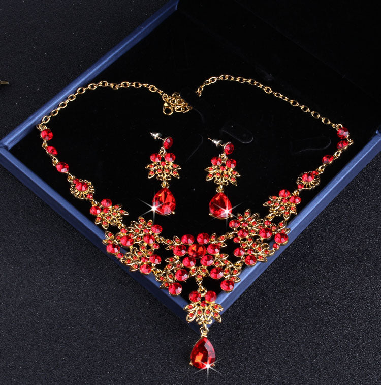 Conjuntos de joyería nupcial de cristal rojo de Color dorado Vintage barroco, Tiaras de diamantes de imitación, gargantilla de corona, collar, pendientes, accesorios de boda