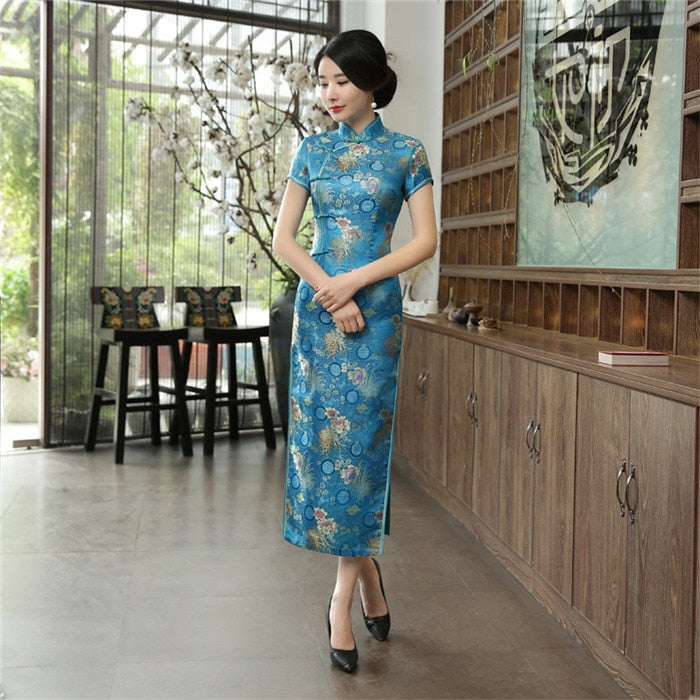 2021 nuevo Cheongsam de rayón verde de alta moda chino clásico Qipao de mujer elegante de manga corta novedad vestido largo S-3XL C0136-D