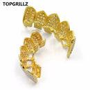 TOPGRILLZ Hip Hop GRILLZ Iced Out AAA Zircon Fang Mouth Teeth Grillz Caps Top &amp; Bottom Grill Set Men Women Vampire Grills