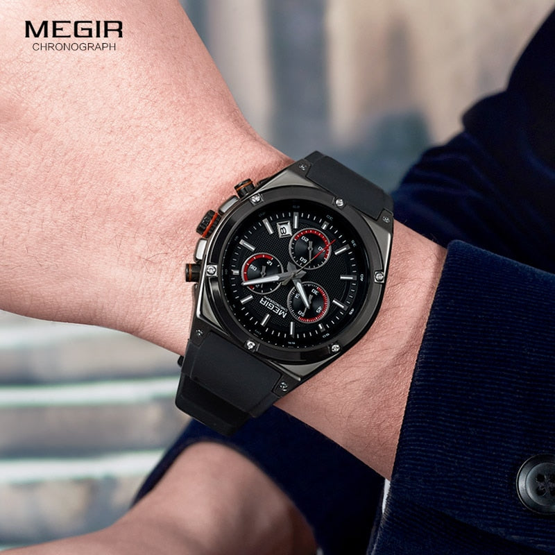 Megir Männer Schwarz Silikon Sport Quarz Armbanduhren Leuchtende Uhren Uhren Wasserdichte Chronograph Uhr Montres Q2073G-BK-1