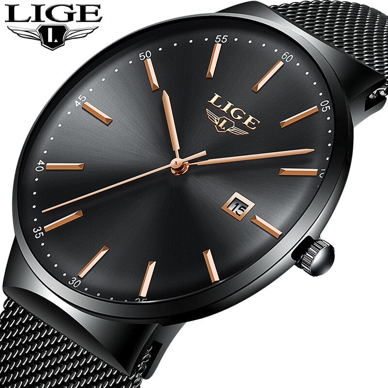 LIGE Men Quartz Watches Waterproof Automatic Date Watch for men Fashion Simple Clock Full Steel Casual Sport Man Chronograph+Box