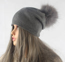 Herbst Winter Bommel Beanie Hut Frauen Wolle Gestrickte Skullies Beanies Lässige Weibliche Kaschmirmütze Echter Waschbärpelz Bommelmütze