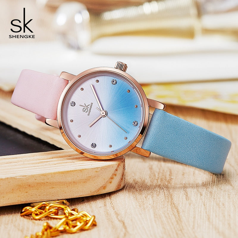 Relojes de cuero de Color creativo Shengke, reloj de cuarzo para mujer, reloj femenino SK, reloj de pulsera para mujer, reloj para mujer