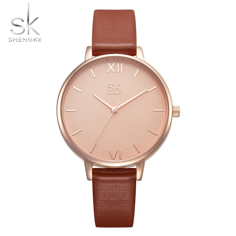 Relojes Shengke para mujer, reloj de pulsera de marca de lujo, reloj de cuero para mujer, reloj de cuarzo Ginebra a la moda para mujer, reloj femenino nuevo SK