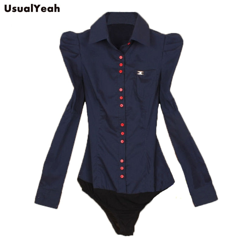 Nueva moda elegante de manga larga de algodón OL Body Shirt Office Ladies Bodysuit diseño de botón azul oscuro blanco rojo S-3XL de talla grande