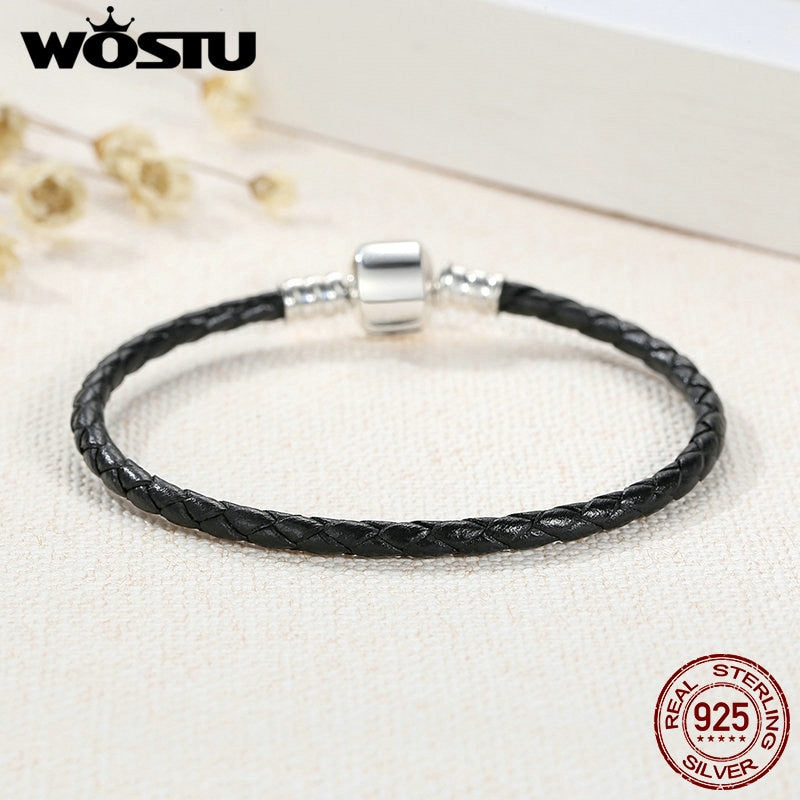 2019 nuevo 100% Plata de Ley 925 y cadena de cuero negro Real Charm Fit pulsera para Mujeres Hombres joyería fina Original XCHS911