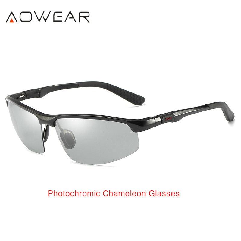 AOWEAR Photochrome Sonnenbrille Herren Polarisierte Tag-Nacht-Fahrbrille Hochwertige randlose Chamäleon-Brille aus Aluminium Gafas