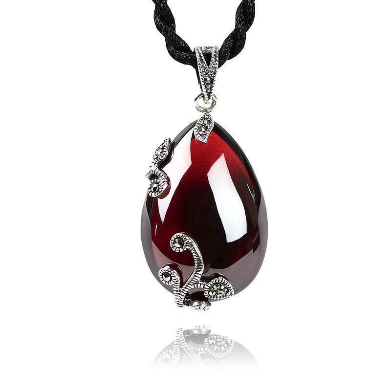 JIASHUNTAI Retro Roter Granat Edelstein 925 Silber Sterling Anhänger Halskette Weiblicher Silberschmuck Für Frauen Blumendesign