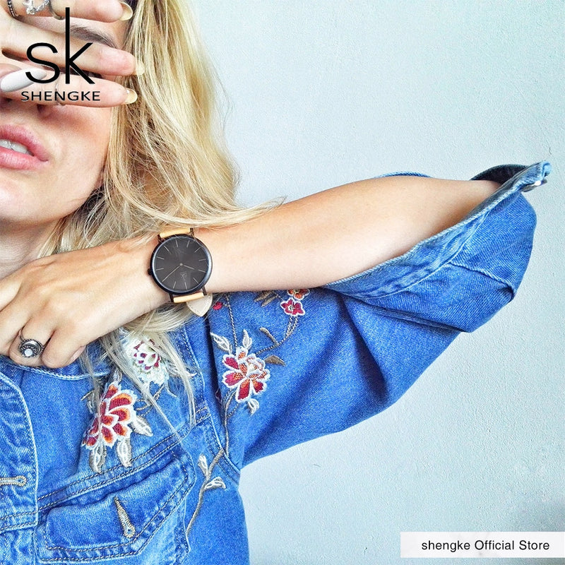 Shengke marca nueva moda estilo Simple superior famosa marca de lujo Reloj de cuarzo mujeres relojes de cuero Reloj Mujer Zegarek Damski