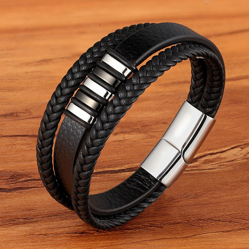 TYO High Quality Stainless Steel Charm Stackable Layered Bracelet Leather Genuine Braided Black Bracelet for Men&