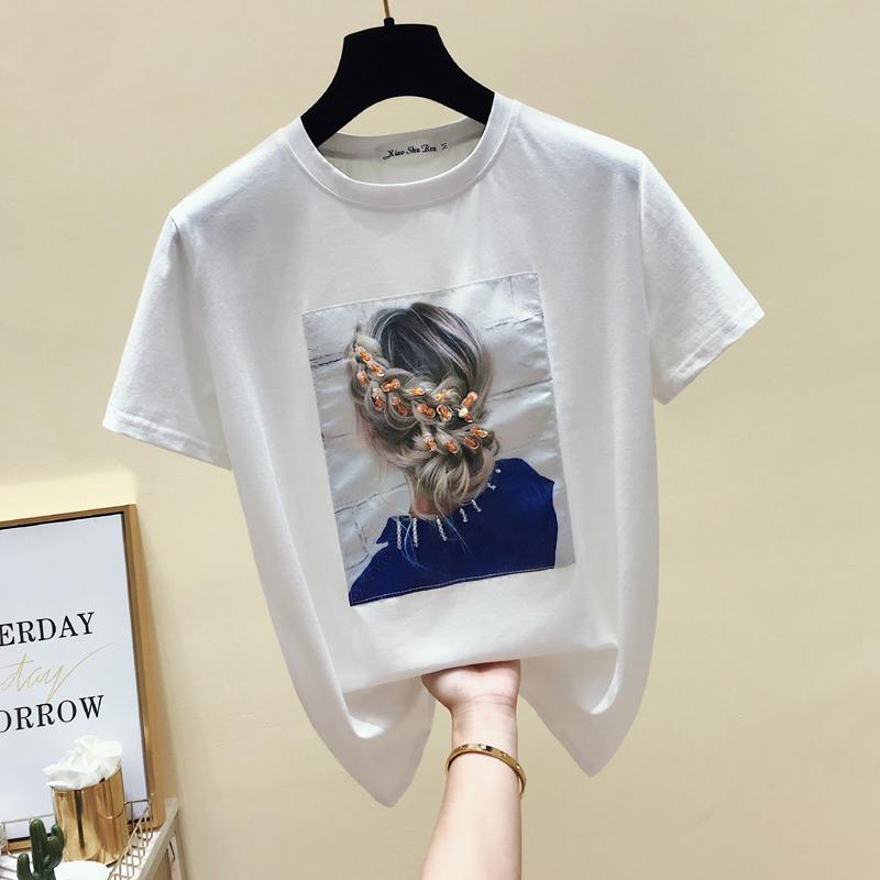 gkfnmt Korea Stil Mode T-shirt Frauen Tops Baumwolle Kurzarm Applikationen Weißes T-shirt Frauen Sommer Top Schwarzes T-shirt 2021