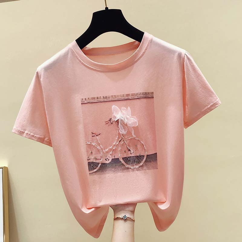 gkfnmt 2021 Art und Weise kühles Druck-weibliches Sommer-T-Shirt weiße Baumwollfrauen-T-Shirts beiläufiges Harajuku-T-Shirt Femme-Rosa-loses Oberteil