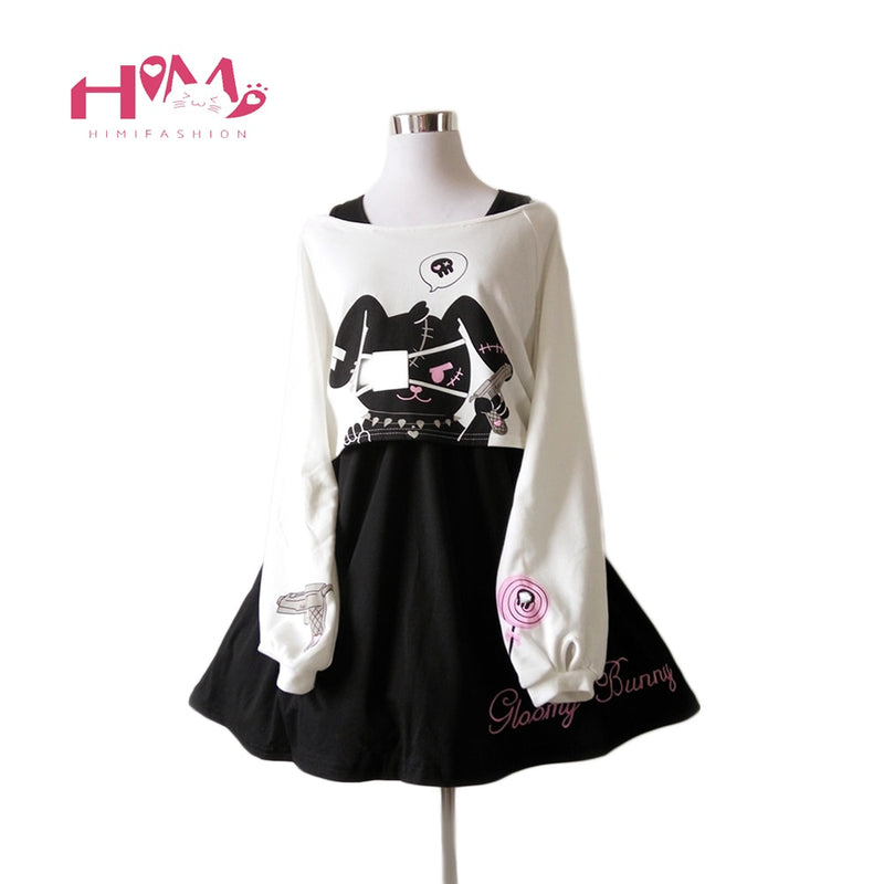 Schwarzes Comic-Kaninchen-Lolita-Kleid Teenager-Mädchen Lässiges süßes Kawaii-kurzes Kleid süßes Häschen-Druck-Langarmkleid 2021 Japanisch