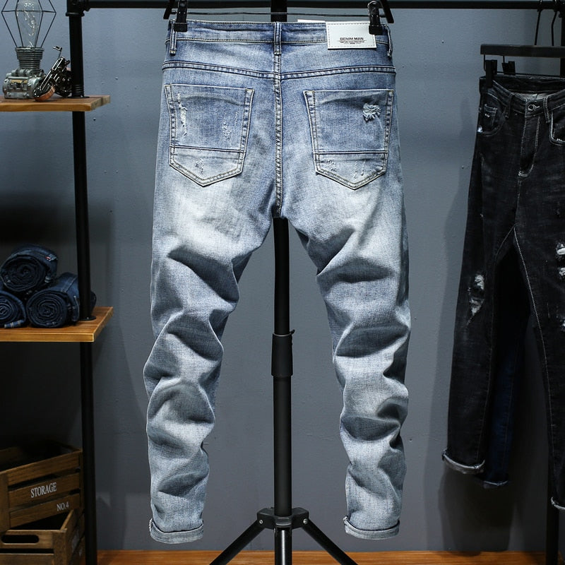 Ripped Jeans For Men Skinny Slim Fit Light Blue Spring 2021 New Frayed Streetwear Hip Hop Denim Pants Patchwork Men&