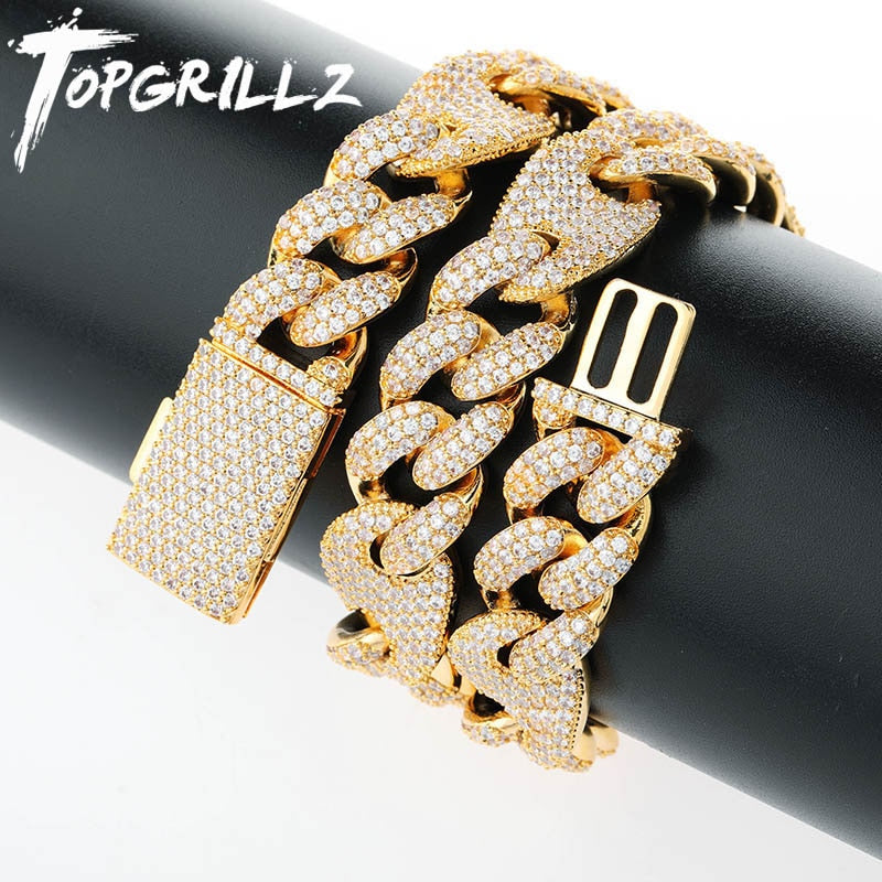TOPGRILLZ 16mm Miami New Box Clasp Cuban Link Chain Gold Silver Color Necklace Iced Out Cubic Zirconia Bling Hip hop Jewelry