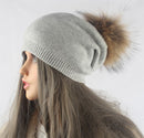 Herbst Winter Bommel Beanie Hut Frauen Wolle Gestrickte Skullies Beanies Lässige Weibliche Kaschmirmütze Echter Waschbärpelz Bommelmütze