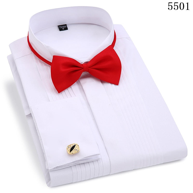 Men Wedding Tuxedo Long Sleeve Dress Shirts French Cufflinks Swallowtail Fold Dark Button Design Gentleman Shirt White Red Black