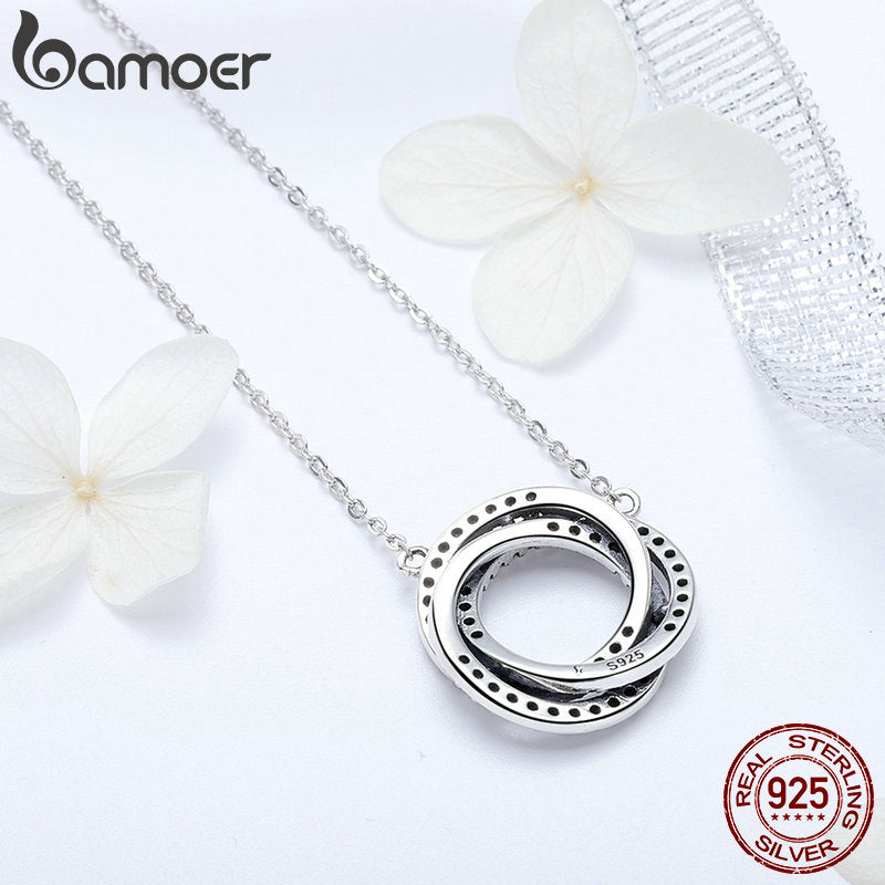 Bamoer Real 925 plata esterlina minimalismo geométrico apilado círculo colgante collares para mujeres Clear CZ joyería fina SCN259