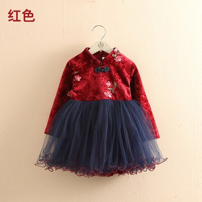 2021 Winter 2-12 Years Teenage New Year Embroidery Lace Red Traditional Chinese Garments Tang Kids Baby Girls Plus Velvet Dress