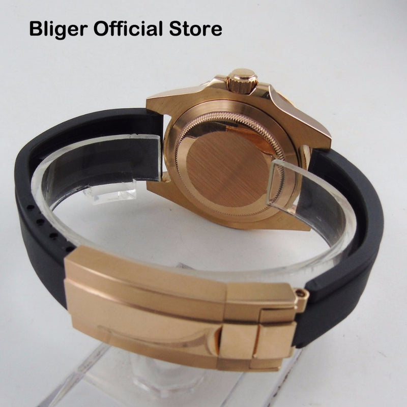 BLIGER Japan 24 Jewels NH35 PT5000 Caja de oro rosa Reloj automático para hombre Bisel cerámico Tornillo Corona Esfera estéril Correa de caucho