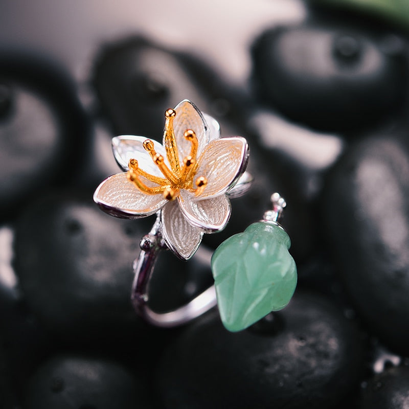 Lotus Fun Real 925 Sterling Silver Natural Aventurine Gemstones Flower Ring Joyería fina Lotus Whispers Anillos para mujeres Bijoux