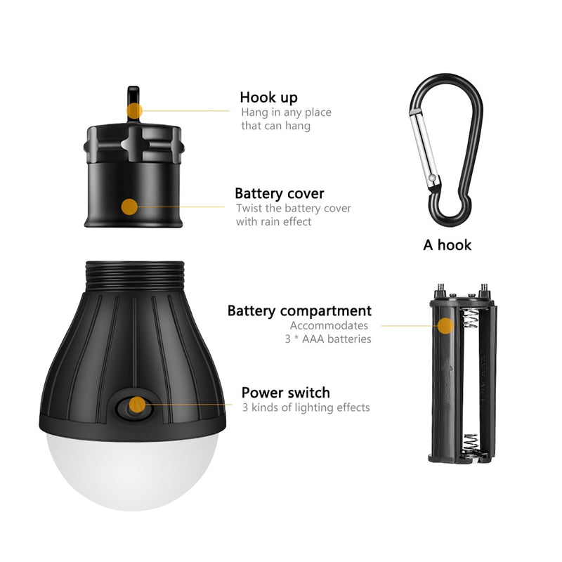 Lámpara colgante de tienda de 3 LED, 3 modos, bombilla LED, mosquetón, linterna portátil, lámpara de Camping SOS para exteriores, iluminación de emergencia AAA