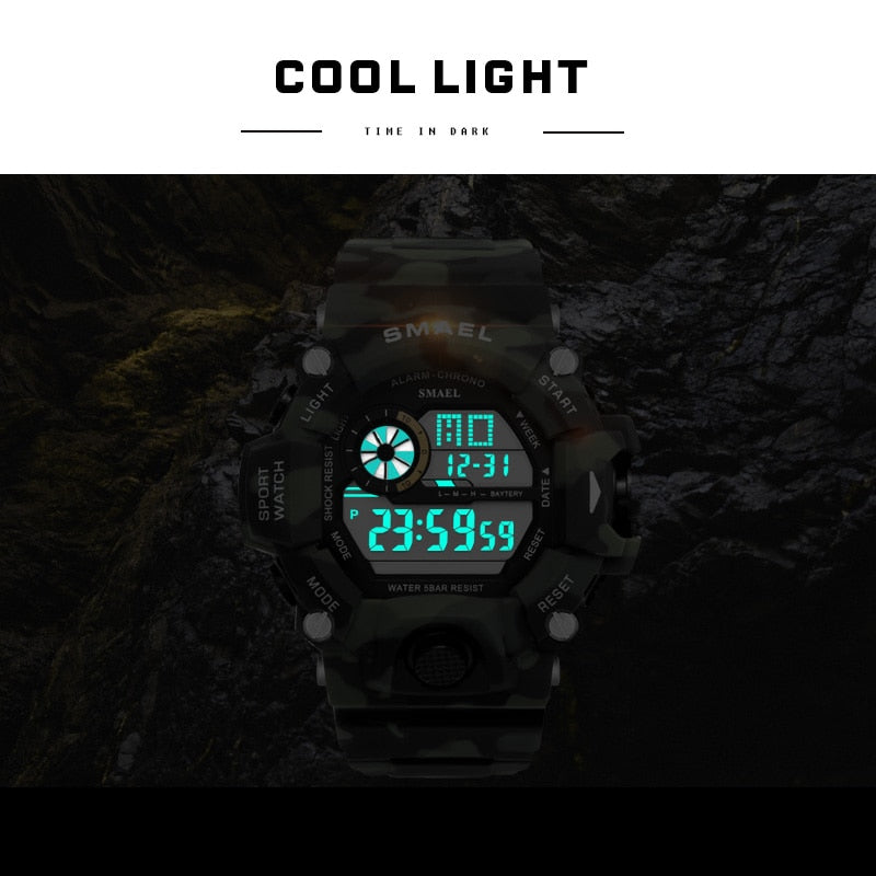 Reloj para hombre 50m resistente al agua SMAEL reloj de lujo para hombre relojes luminosos LED reloj de camuflaje banda 1385C relojes de pulsera digitales militares