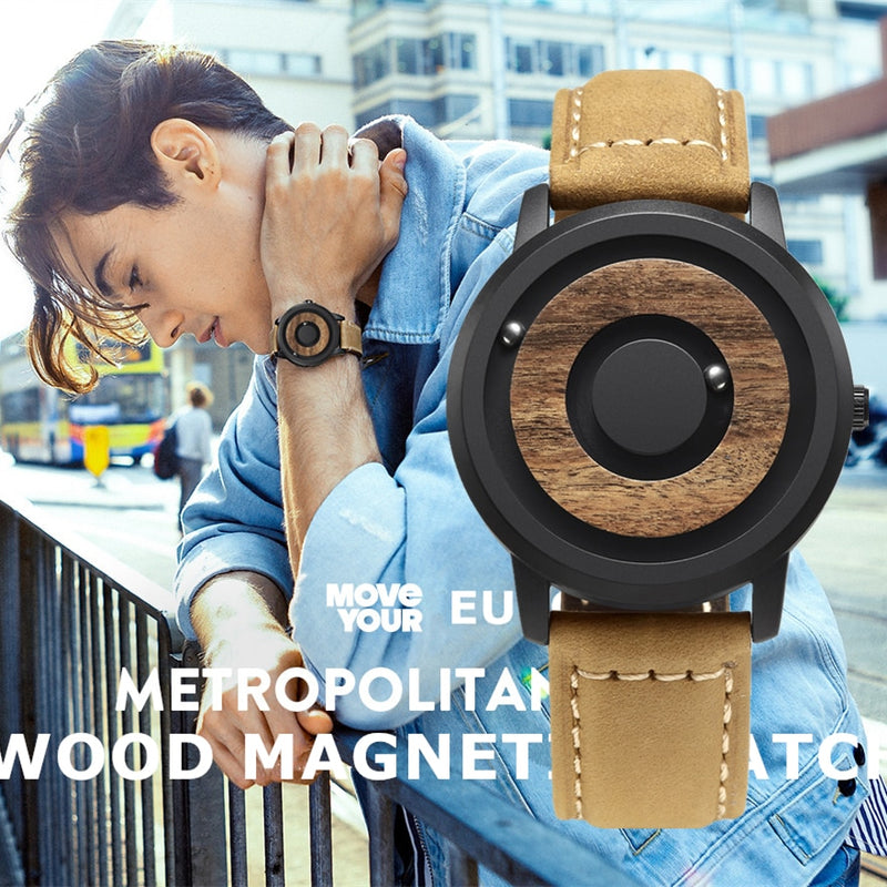 EUTOUR minimalistische Neuheit mit Holzzifferblatt, maßstabslos, magnetische Uhr, Gürtel, Naturwald, modische Herren-Paaruhr