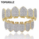 TOPGRILLZ Hip Hop GRILLZ Iced Out AAA Zircon Fang Mouth Teeth Grillz Caps Top &amp; Bottom Grill Set Men Women Vampire Grills