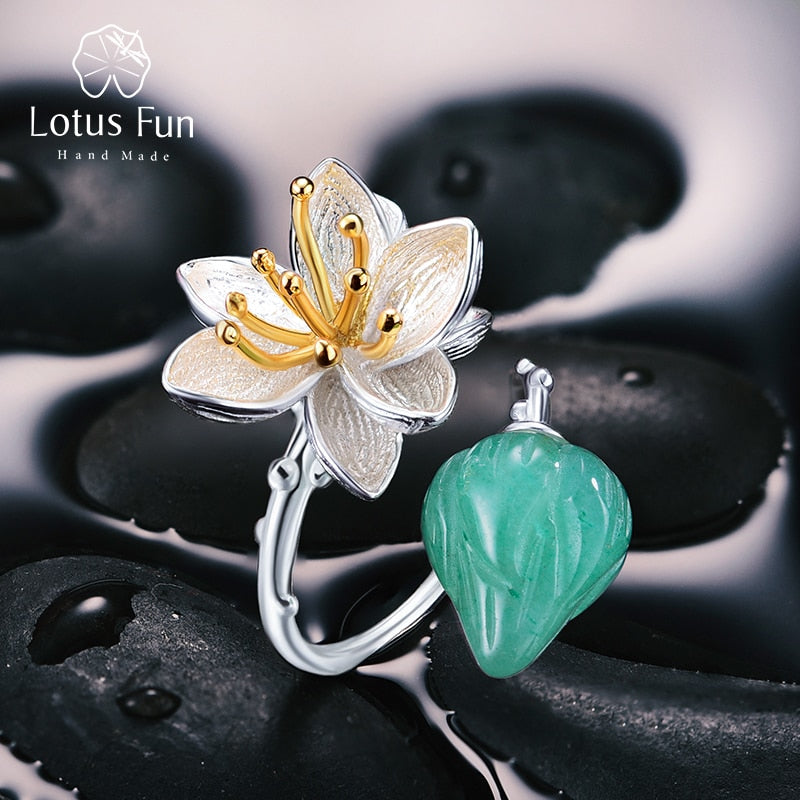 Lotus Fun Ring aus echtem 925er Sterlingsilber mit natürlichen Aventurin-Edelsteinen, Blumenring, feiner Schmuck, Lotus-Flüsterringe für Frauen, Bijoux