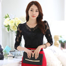 6XL ahueca hacia fuera la blusa de encaje camisa elegante señoras Tops Crochet manga larga bordado Patchwork mujeres blusas Tops blanco DF2753