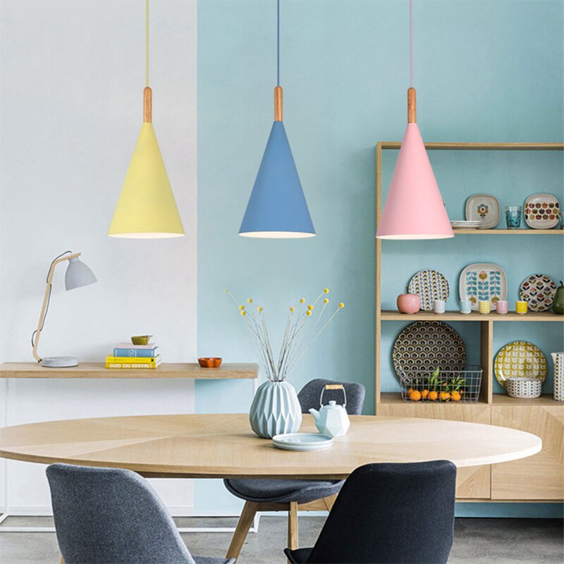 Modern Hanging E27 Wood Aluminum Pendant Lights, Dining Dable Kitchen Bedside Bar Showcase Decorative Lighting